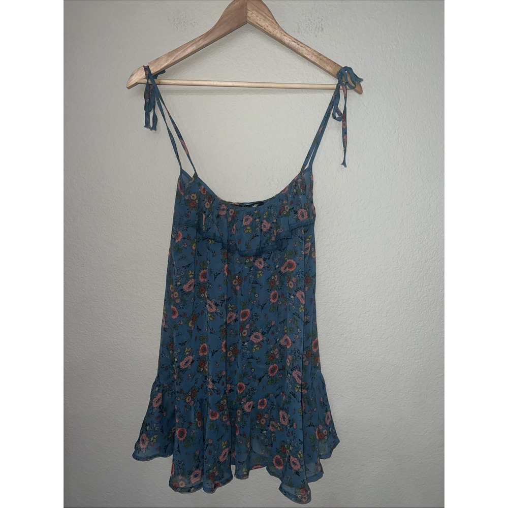 Lily White Women's BLUE Sheer Boho Floral Beach Cover Spring Summer Dress MEDIUM